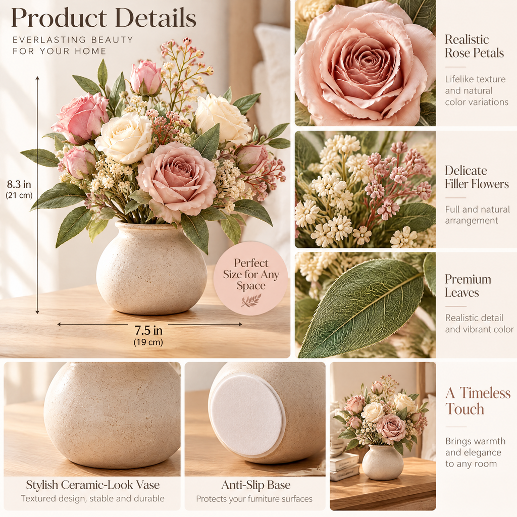 Faux Rose Bud Vase Arrangement